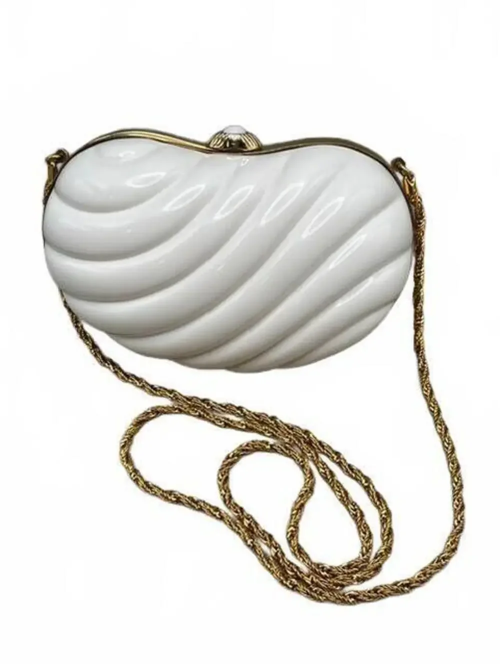 Vintage Made In Italy White Shell Minaudière Clutch Hardcase Gold Rope Chain Bag